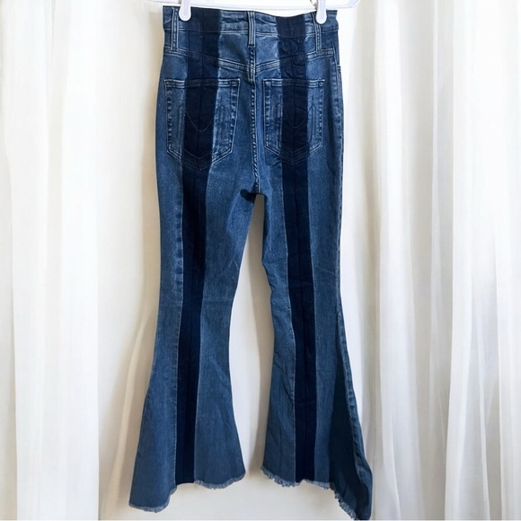Show Me Your MuMu Revolve Blue Denim Bell Flare Striped Boho Western Jeans Sz 27 - Picture 3 of 4